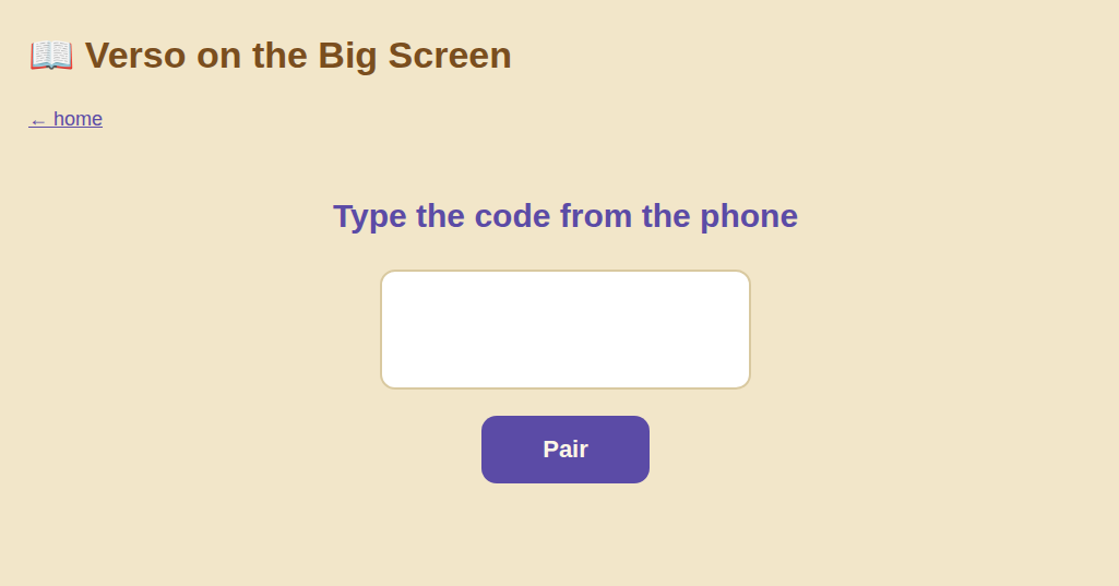 The big-screen pairing screen. A single large input box reading "type the code from the phone"
and a Pair button.